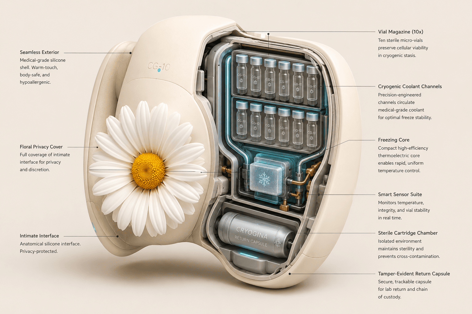 CryoGina CG-10 cutaway showing internal cryogenic preservation mechanism