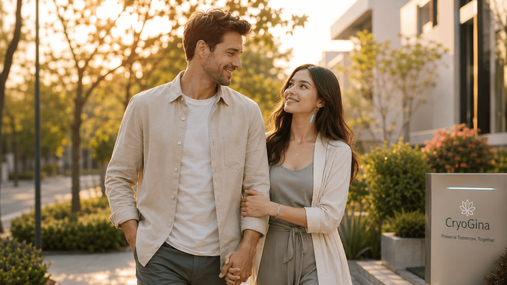 Happy man outdoors with his subtly synthetic humanoid companion partner